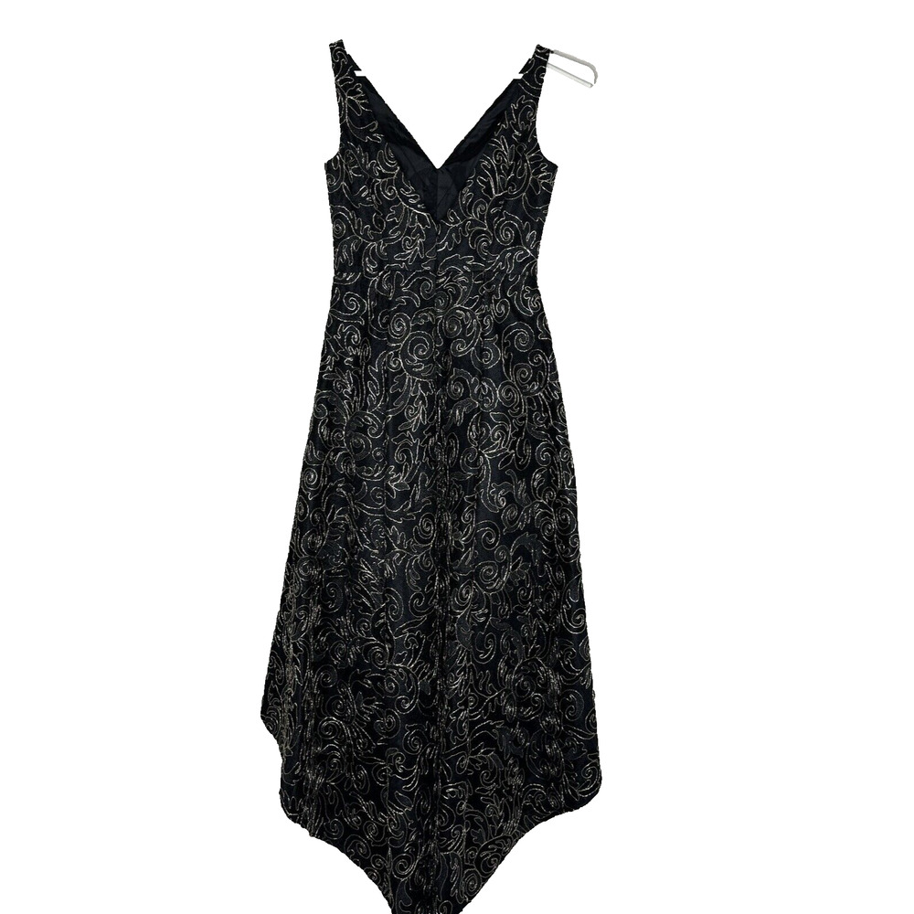 Calvin Klein Dress Gown Sz 4 Black Gold Sequins High Low Sleeveless Deep V Lined - Picture 7 of 11